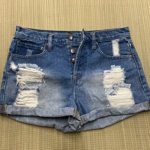 Forever 21 Distressed Medium Wash Blue Denim Jean Shorts Size 27 Womens buttons